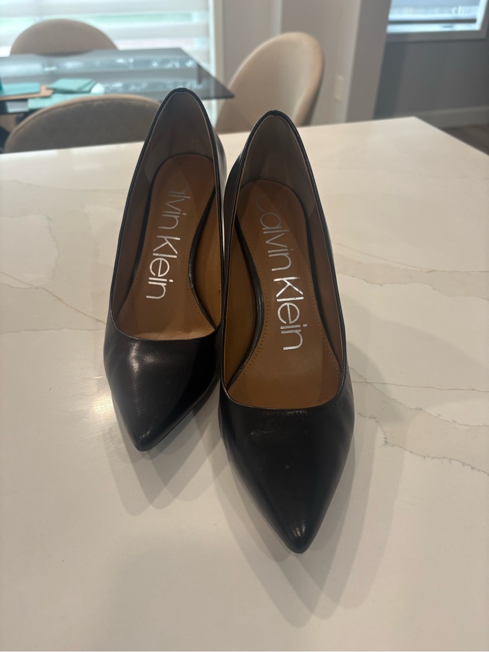 Calvin Klein Black Leather Pointed Toe Heels Pumps